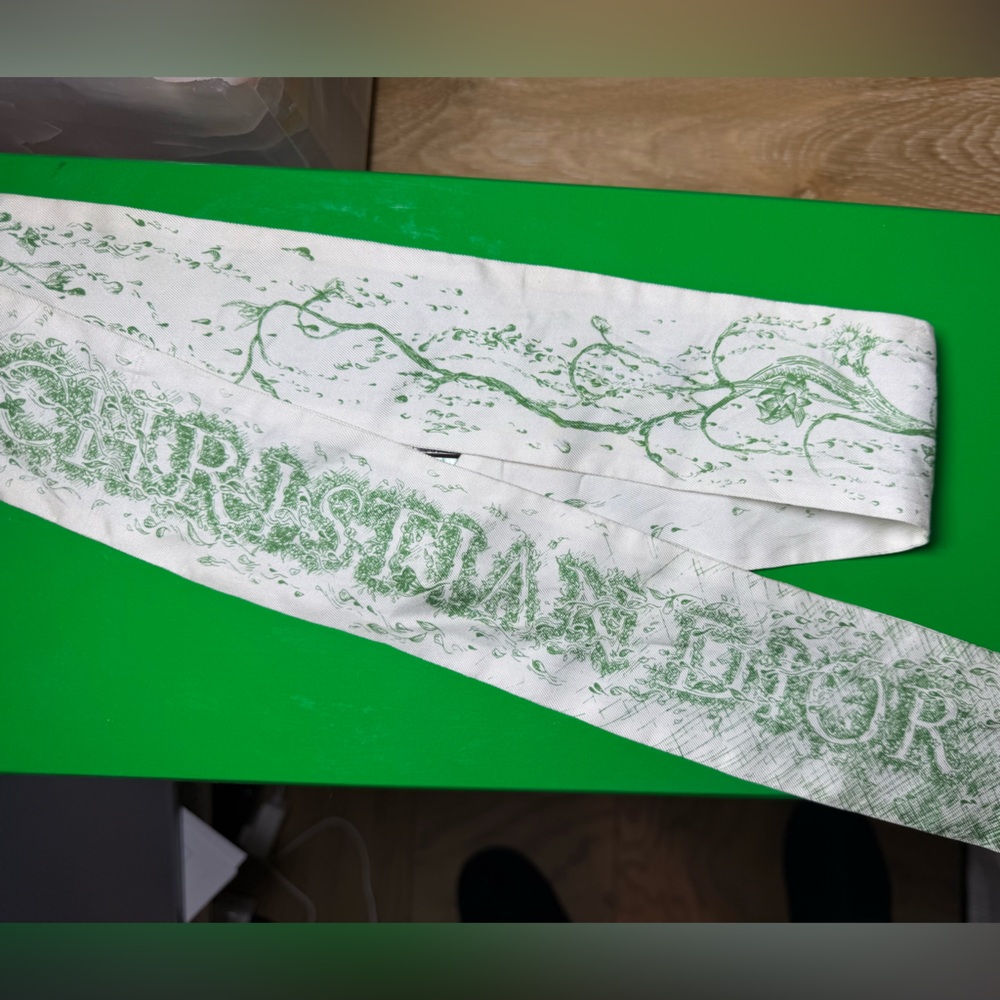 Christian Dior Toile de Jouy Twilly Scarf Green Ivory Silk | Mitzah Style
